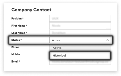 Black and white screeshot of Contact details with the Status field open