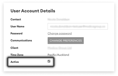 Black and white screeshot of User Account details with the Active field checked