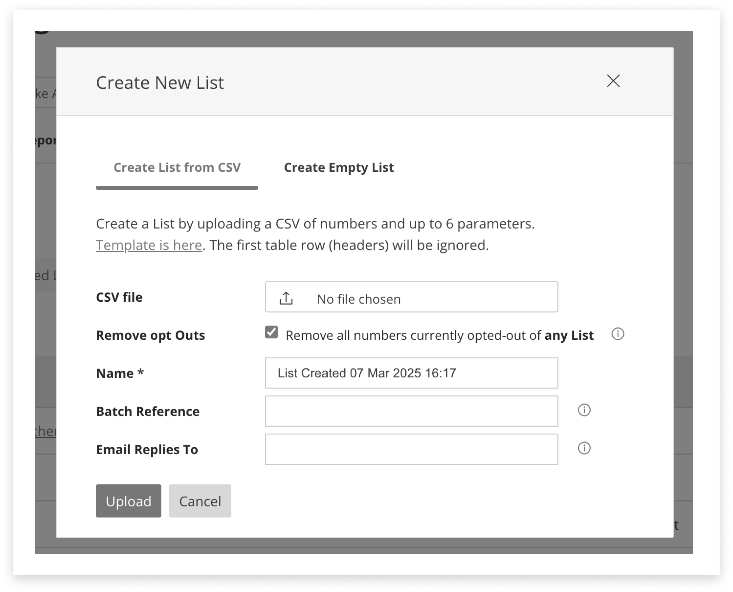 Black and white screenshot of two steps to upload a CSV into a new list in campaign manager