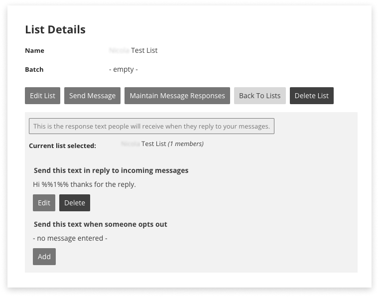 Black and white screenshot of the response message settings inside Lists in campaign manager