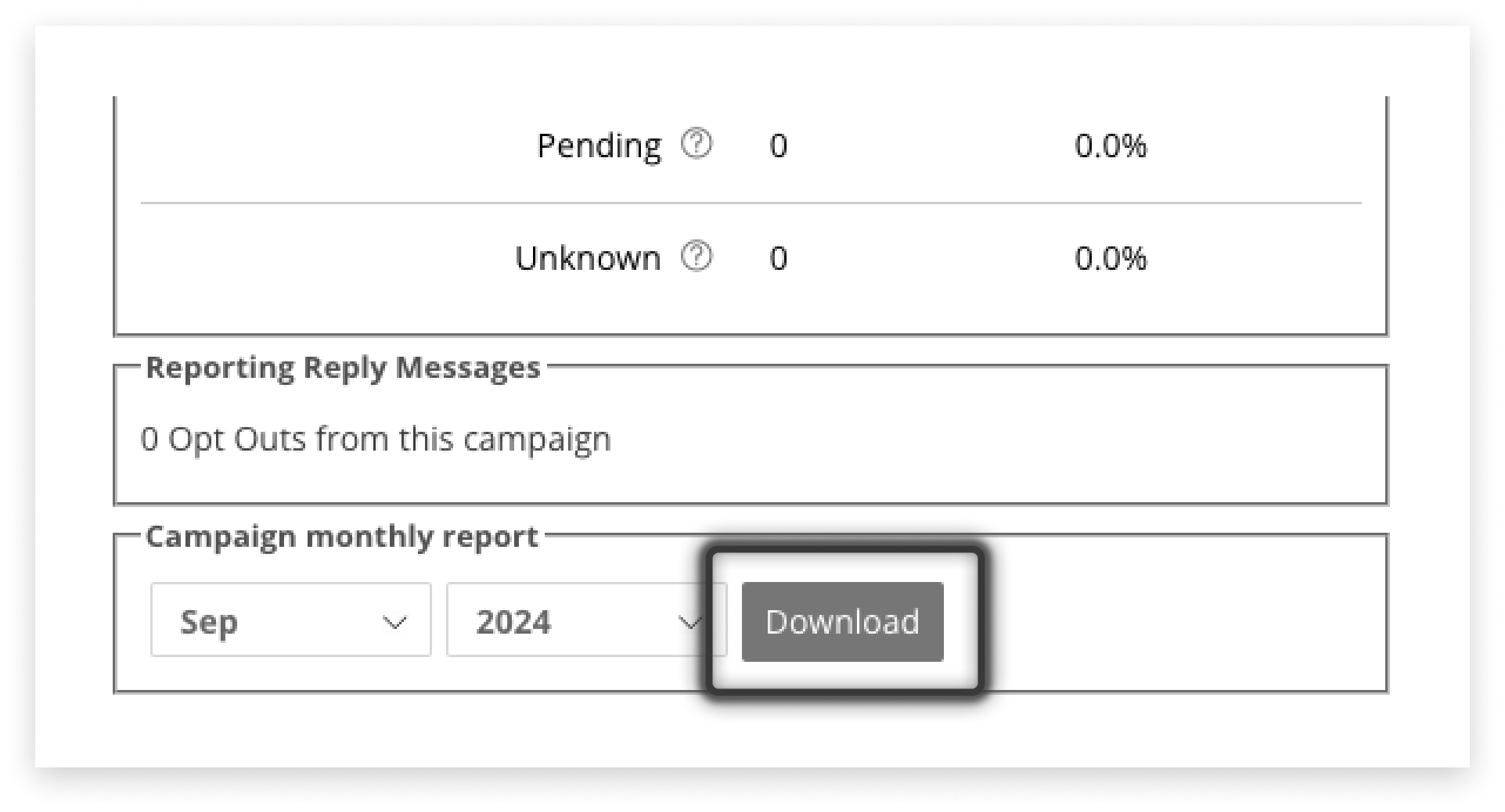 Black and white screenshot of reports tab download month csv button, in campaign manager
