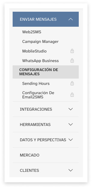 screenshot of Modica account main side-menu with 'Send Messages' open and 'Campaign Manager' highlighted