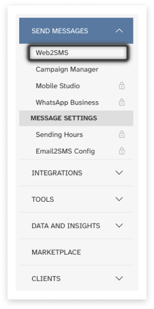 screenshot of Modica account main side-menu with 'Send Messages' open and 'Web2SMS' highlighted