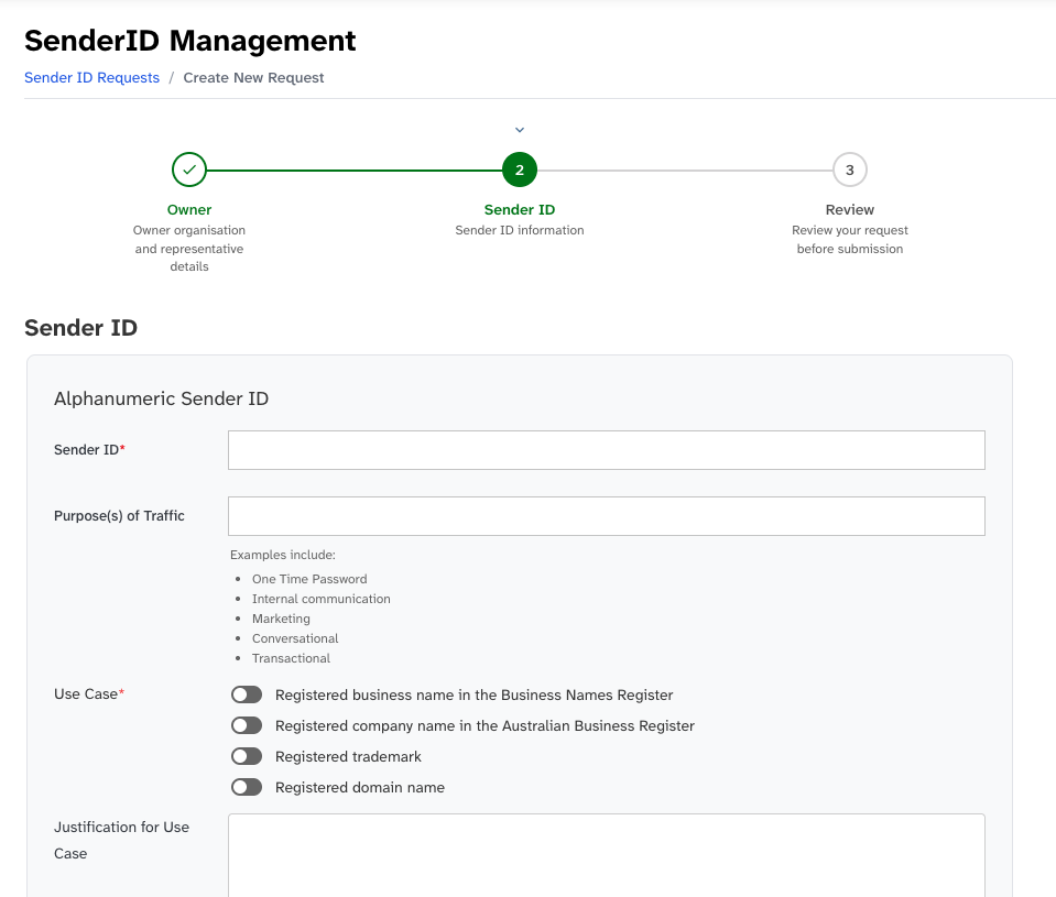 Screenshot of Sender ID request Nav item