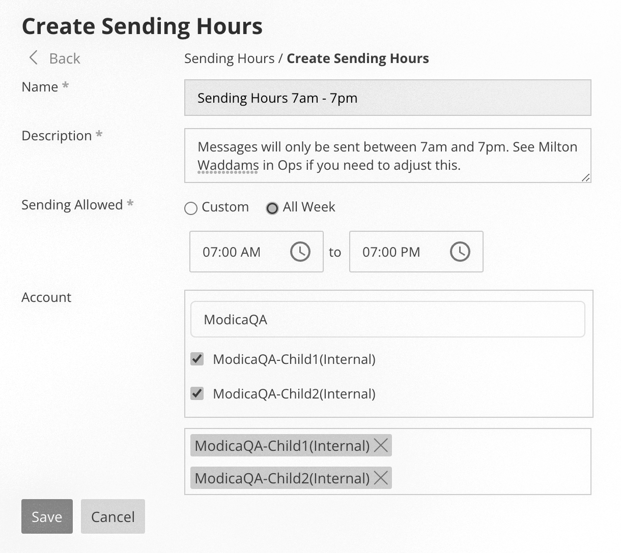 screenshot of Create Sending Hours form