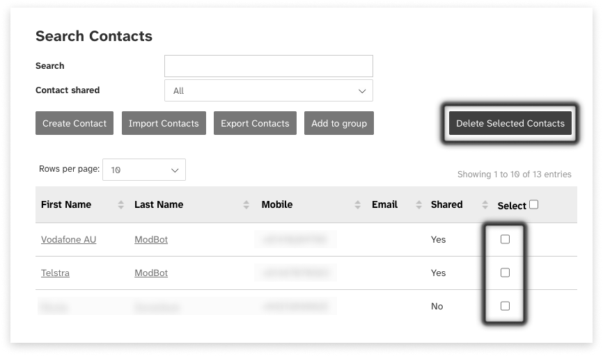 Black and white screeshot of web2sms with 'selector' checkboxes highlighted to select before deleting