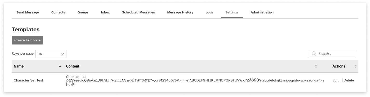 Black and white screeshot of web2sms showing the 'Settings' tab containing templates