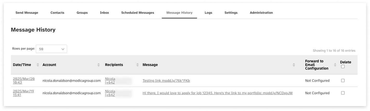 Black and white screeshot of web2sms Message History tab and table